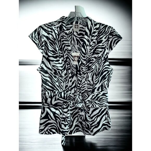 Anne Klein ladies short sleeve belted zebra print blouse pleated hem NEW size 4 - Picture 7 of 7